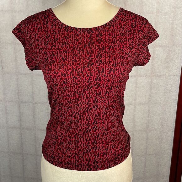 Guess Jeans Black & Red Nylon Logo Short Sleeve Top (Size: Medium) - Picture 2 of 13